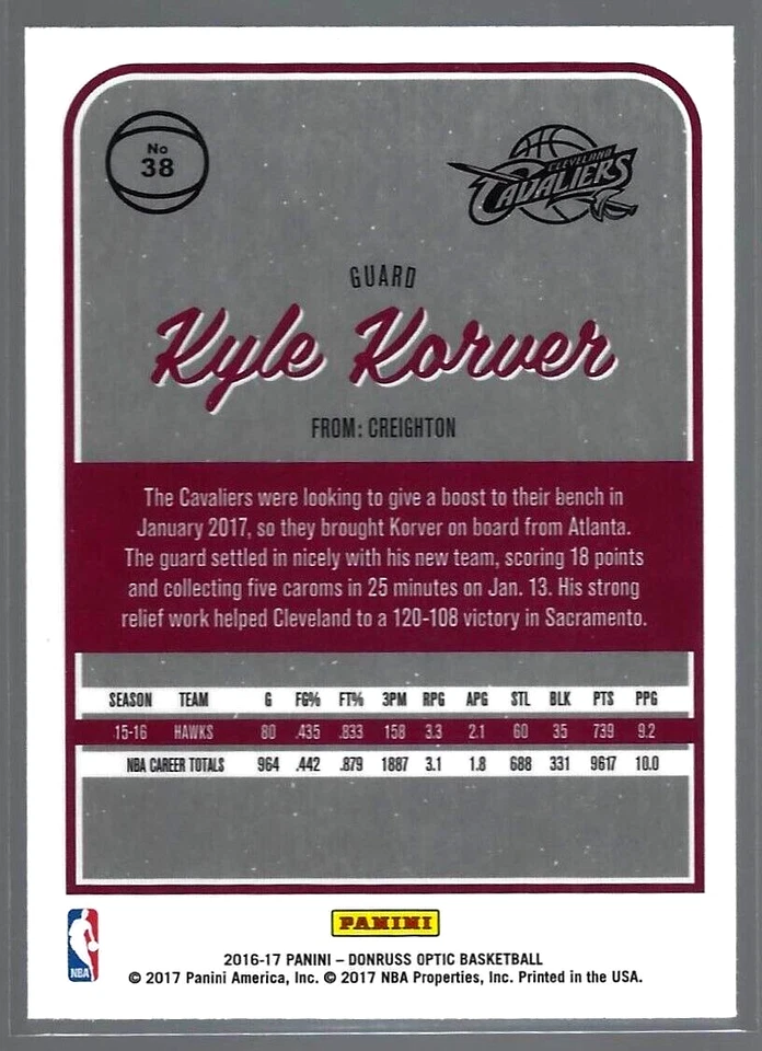 2016-17 Donruss Optic #38 Kyle Korver Cleveland Cavaliers - Image 2 of 2