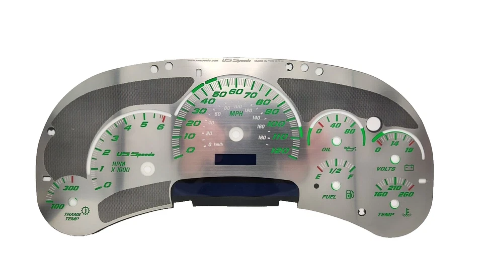 Комплект лицевой стороны датчика US Speedo из нержавеющей стали зеленый текст и соответствующие указатели GM 03-06 - Изображение 3 из 4
