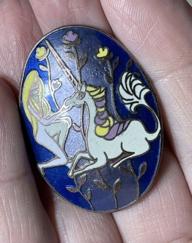The Lady with the Unicorn Brooch Vintage Cloisonne Enamel Statement Pin 70’s - Picture 2 of 5