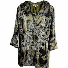 Ic Paris Velvet Olive Green Paisley Print Ruffle Collar Peplum Silk Blazer Coat