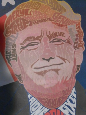 Donald Trump illustration w/words Fake, Lock Her Up,Streep, I Alone Can Fix This