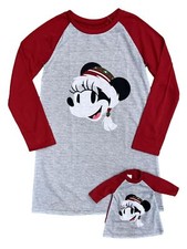 Disney Girls Minnie Mouse Gray  Red Christmas Nightgown  Doll Night Gown Set