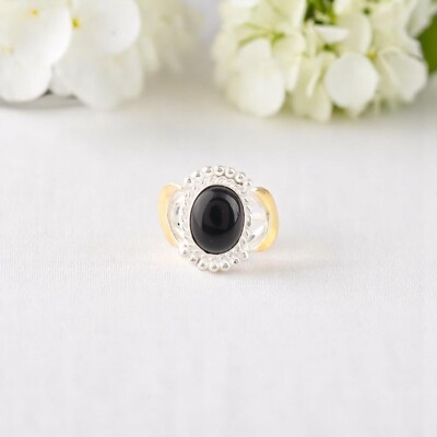 Black Tourmaline Gemstone 925 Sterling Silver Jewelry Two Tone Ring For Women
