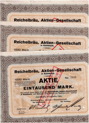 Set 3 Reichelbräu, AG, Kulmbach 1923, 1000 Mark, VF - s. scan - Foto 1 di 1