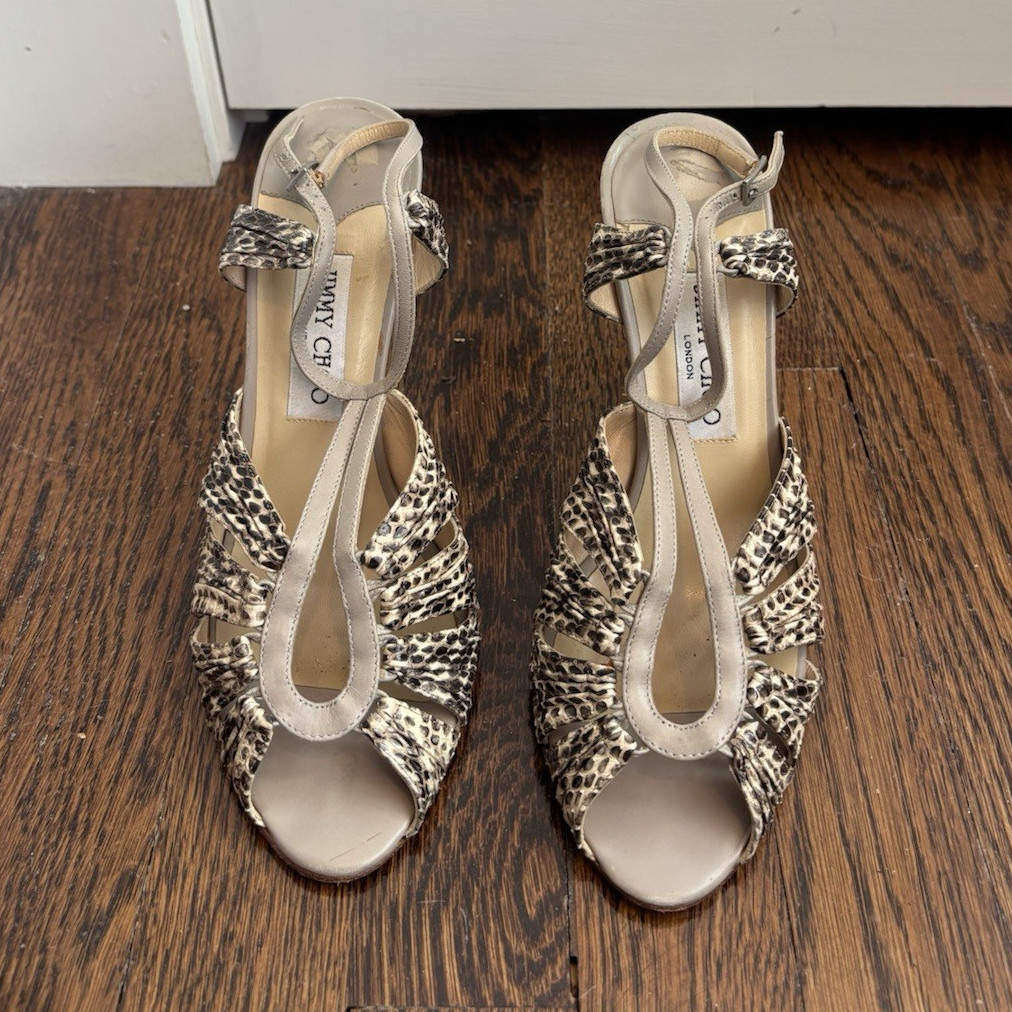 Jimmy Choo Women’s Beige Brown Snake Print Leather Open Toe Ankle Strap 8.5 (39)