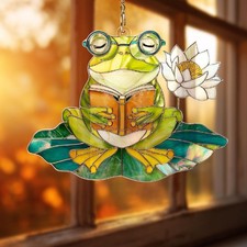 Frog Acrylic Suncatcher, Stained Glass Style Reading Frog Window Hanging, Cute F
