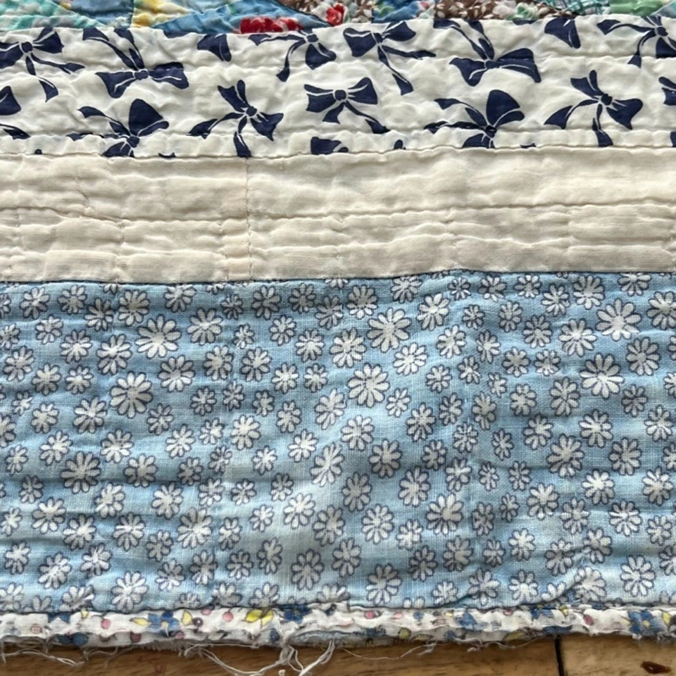 Antique Feed Sack Hand Sewn Hand Quilted Quilt 78 x 62" Patchwork Geometric - Image 4 of 4