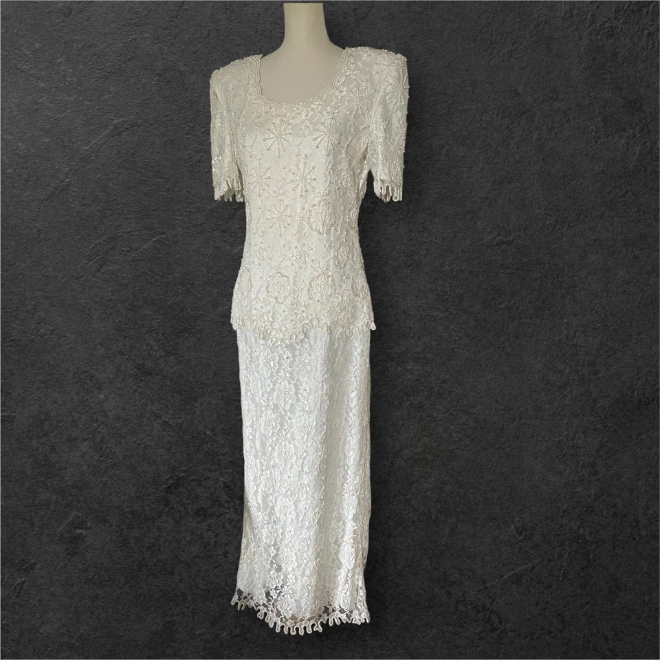 Maxi Vestido Formal de Encaje Floral con Cuentas Ocasional Especial Talla M Foto 2 de 4