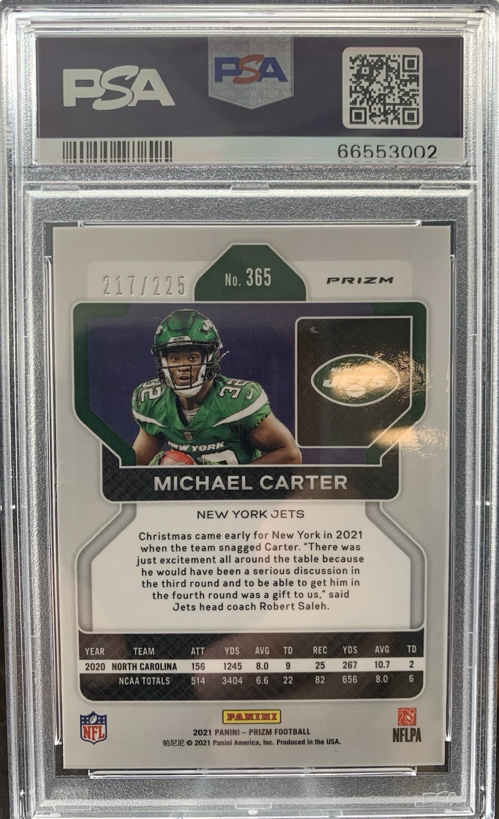 2021 Panini Prizm Michael Carter Rookie /225 Purple Cracked Ice PSA 9 view 2
