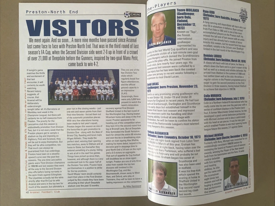 APSENAL V PRESTON NORTH END 1999-2000 LEAGUE CUP PROGRAMME - Image 4 of 4