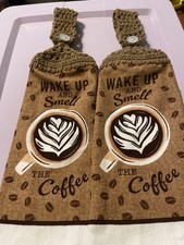 2 Crocheted Hanging Kitchen Towels  Wake Up and Smell The Coffee  