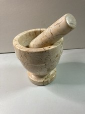 Vtg Marble Footed Mortar & Pestle Herb Pill Grinder In Beige Brown & Gray Tones