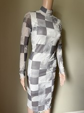 Forever 21 Gray White Geometric Mesh Mock Neck Long Sleeve Midi Bodycon S