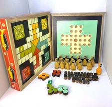 Handmade Peruvian Wood Game Set – 3-in-1: Solitaire, Wolf & Sheep, Ludo Game