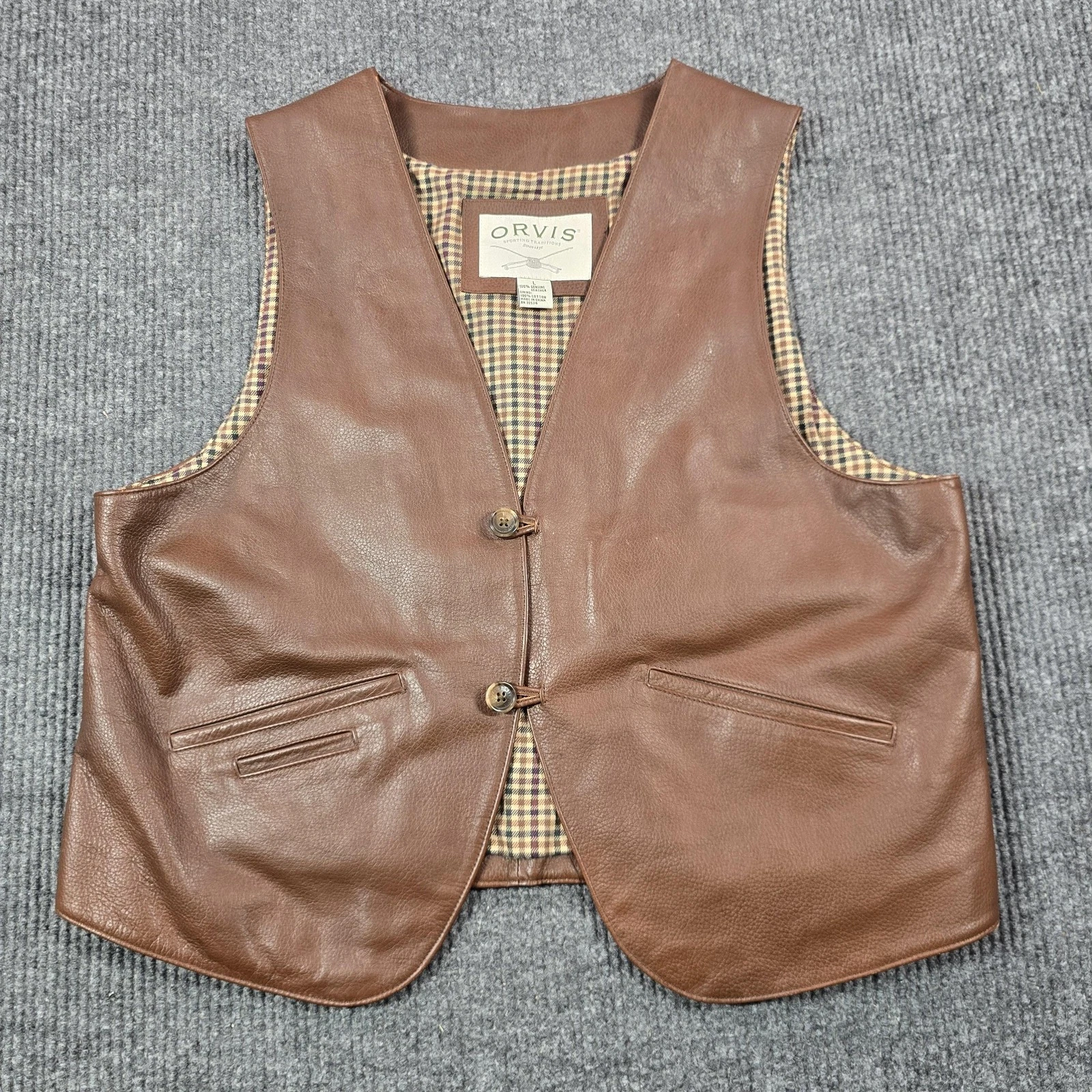 Orvis Leather Vest Mens Large Brown Button Front Check Lined Outdoors Casual