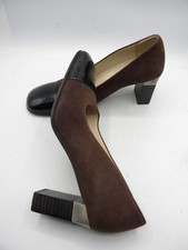 CHANEL Chocolate Brown Nubuck  Black Leather Cap Toe Block Heels Logo Size 6 B