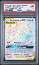 2019 POKEMON TEAM UP #186/181 GENGAR MIMIKYU GX TAG TEAM FA SECRET RARE PSA 9