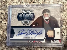 2021-22 Leaf Lumber Twig Sigs Dominik Hasek /4 Dual Auto game Used Sabres HOF!