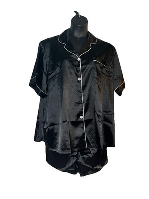 Swomog Women s Front Button Silk Pajama Set Shirt And Shorts Black 24W