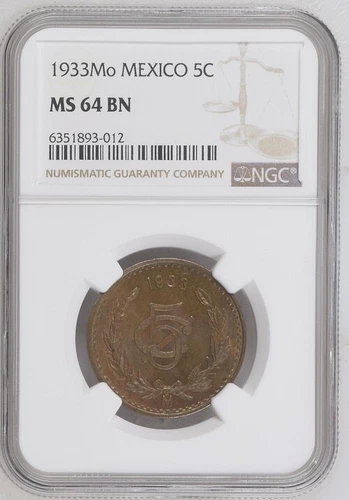 1933Mo Mexico 5 Centavos NGC MS64BN