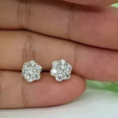 Aretes enchapados en oro amarillo de 14 k con diamantes creados en laboratorio de corte redondo de 1,50 quilates para mujer - Imagen 2 de 3