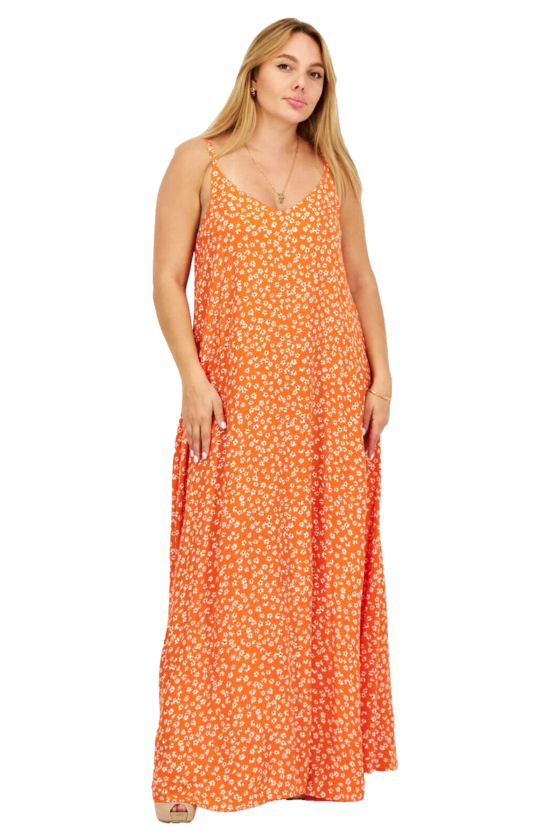 Vince Camuto Women V Neck Floral Sunset Orange Summer Maxi