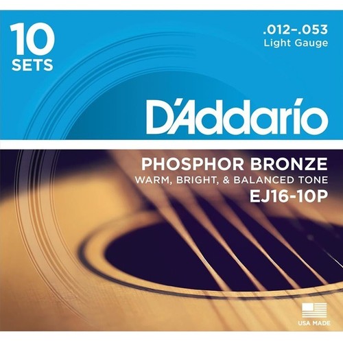 10 Pack of D'Addario EJ16 Acoustic Guitar Strings Phosphor Bronze 12-53 Light - Picture 2 of 2