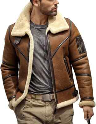 Men's B3 Shearling Sheepskin Leather Aviator Jacket - Warm Winter Flight Bomber