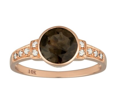 Echter runder Rauchquarz- und Diamantring 10 Karat Rotgold Vintage-Stil