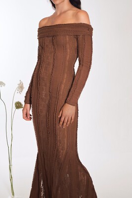 $760 Charo Ruiz Ibiza Minerva Long Brown Mesh Lace Dress Size XS