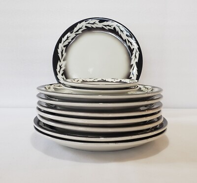McNicol China Plates Brentano Black Leaves Airbrushed Rim Restaurant Ware 10 Pcs