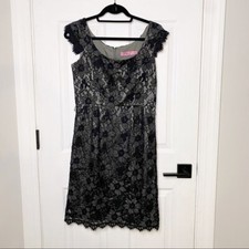 ELIZA J Black Floral Lace Sheath Cap Sleeves Cocktail Dress Sz 8