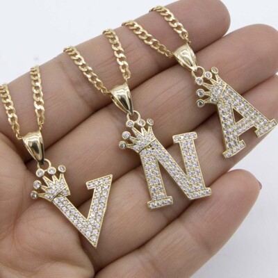 Crown Initial Letter Chain Pendant Necklace Set Real 10K Yellow Gold 