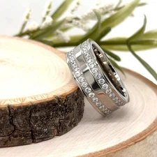 High Polished Silver Titanium 9MM Ring Dual Row CZ Stone Inlay Personalized Band