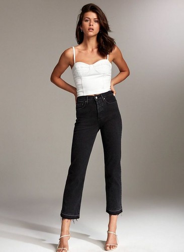 Straight Cropped Raw Hem Denim Jeans 