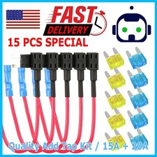 15Pcs Fuse TAP Adapter Kit 12V 20 Amp Car Add Circuit Mini ATM APM Blade Fuse