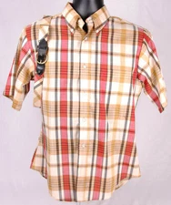 RICHMAN BROTHERS Short Sleeve Shirt w Matching Belt-Tan Red Plaid-Preppy Frat 