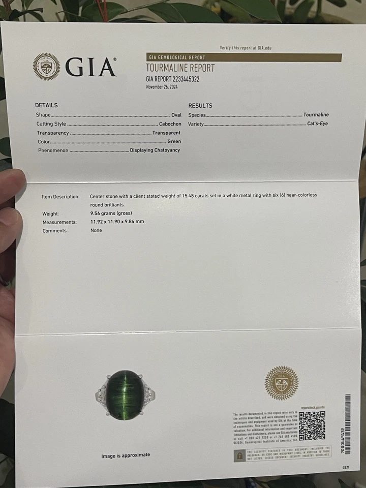 Anillo GIA Turmalina Verde Natural Ojo de Gato Ovalado 15.48Cts, Diamante 0.07ct, pt900 Foto 2 de 4