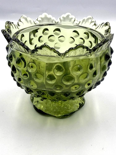 Fenton Colonial Green Hobnail Glass Candle Stick Holder Bowl Pedestal Vintage