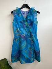 Vintage blue and green watercolour flower print frill neck dress size small/8