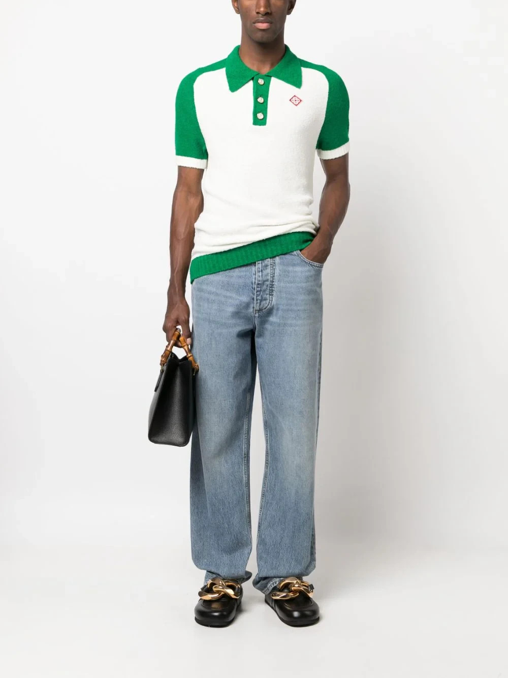 CASABLANCA Colour Blocking Boucle Polo White/Green Size Medium image 6