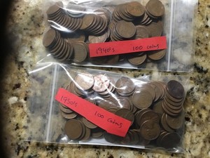 1940's 50's Wheat Pennies 100 coins each decade circulated mixed dates and mints