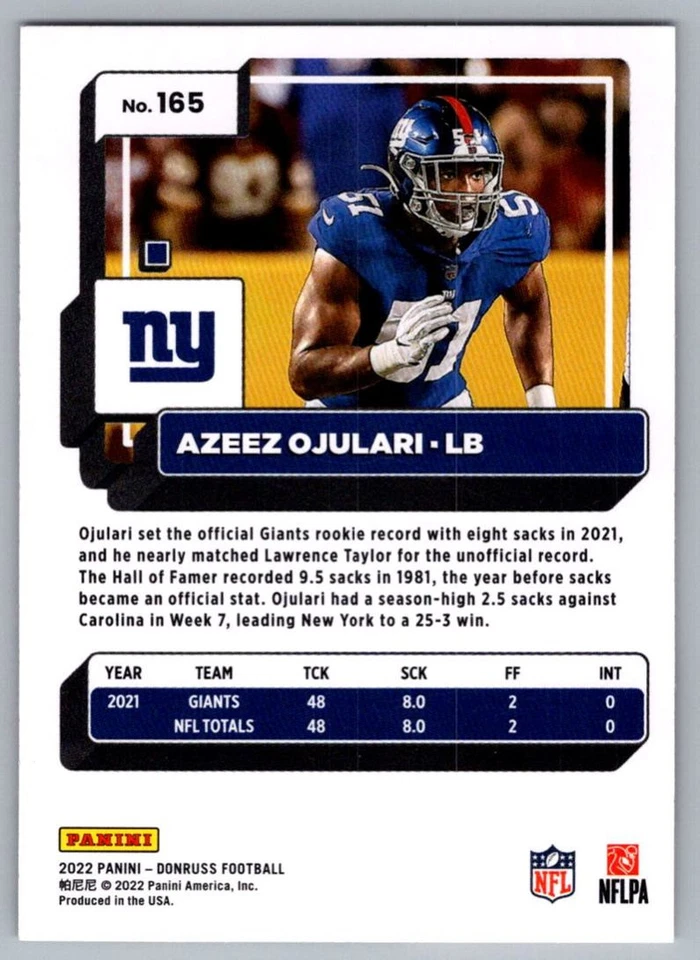 2022 Donruss Azeez Ojulari New York Giants #165 - Image 2 of 2