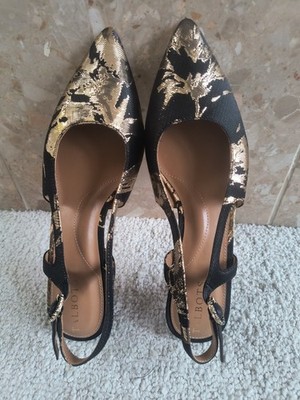 NEW TALBOTS  Olivia Slingback Black/Gold Fabric Kitten Heels Size 6M