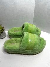Women's Green Faux Fur Lined Slide Slippers Open Toe Cushioned Comfort US 6