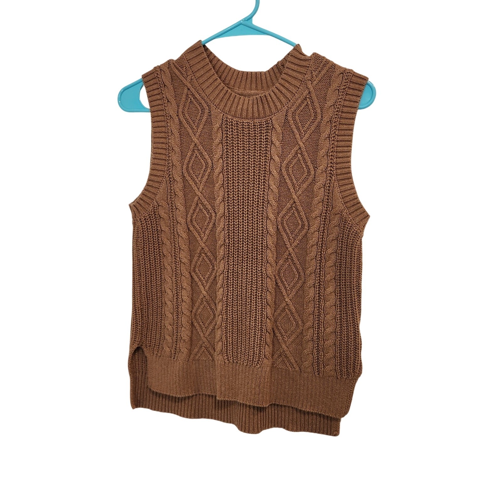 Joie Brown Round Neck Cable Knit Sleeveless Classic Pullover Vest Sweater Small
