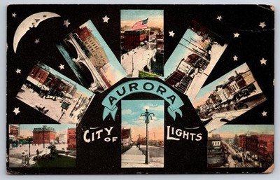 Street Views Aurora Illinois IL City of Lights Crescent Moon 1915 Postcard