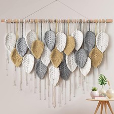 Large Macrame Wall Hanging, Boho Home Decor, Bohemian Woven Tapestry Leaf Fea...