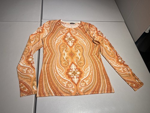 J. McLaughlin Pullover Damen XS orange Paisley Knopf Strick Oberteil Baumwolle Modal