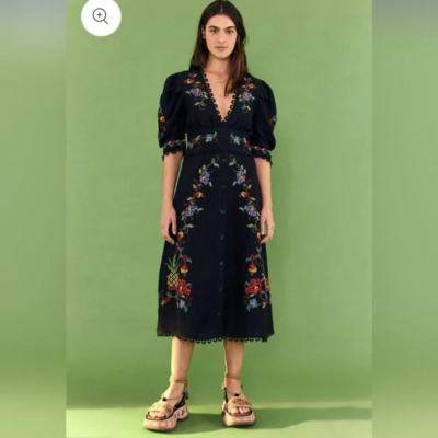 farm rio black embroidered dress Black Embroidered Flowers Topstitching Long Sleeve Mini Dress main image 1